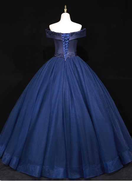 Elegant Navy Blue Off-The-Shoulder Beaded Satin Tulle Long Formal Prom Dress Secondary image