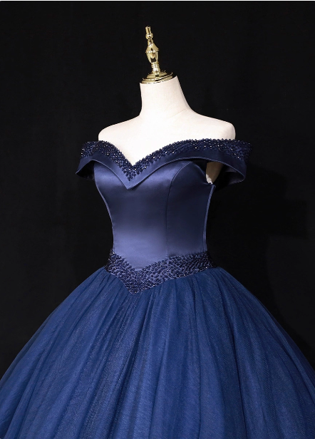 Elegant Navy Blue Off-The-Shoulder Beaded Satin Tulle Long Formal Prom Dress