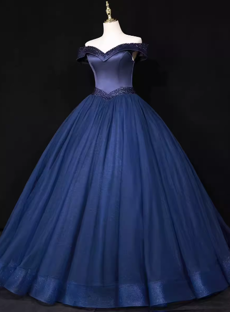 Elegant Navy Blue Off-The-Shoulder Beaded Satin Tulle Long Formal Prom Dress