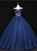 Elegant Navy Blue Off-The-Shoulder Beaded Satin Tulle Long Formal Prom Dress