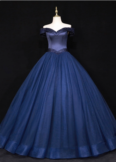 Elegant Navy Blue Off-The-Shoulder Beaded Satin Tulle Long Formal Prom Dress