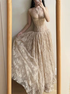 Elegant Nude Apricot A-Line Deep V Halter Lace Long Formal Prom Dress Bridesmaid Dress