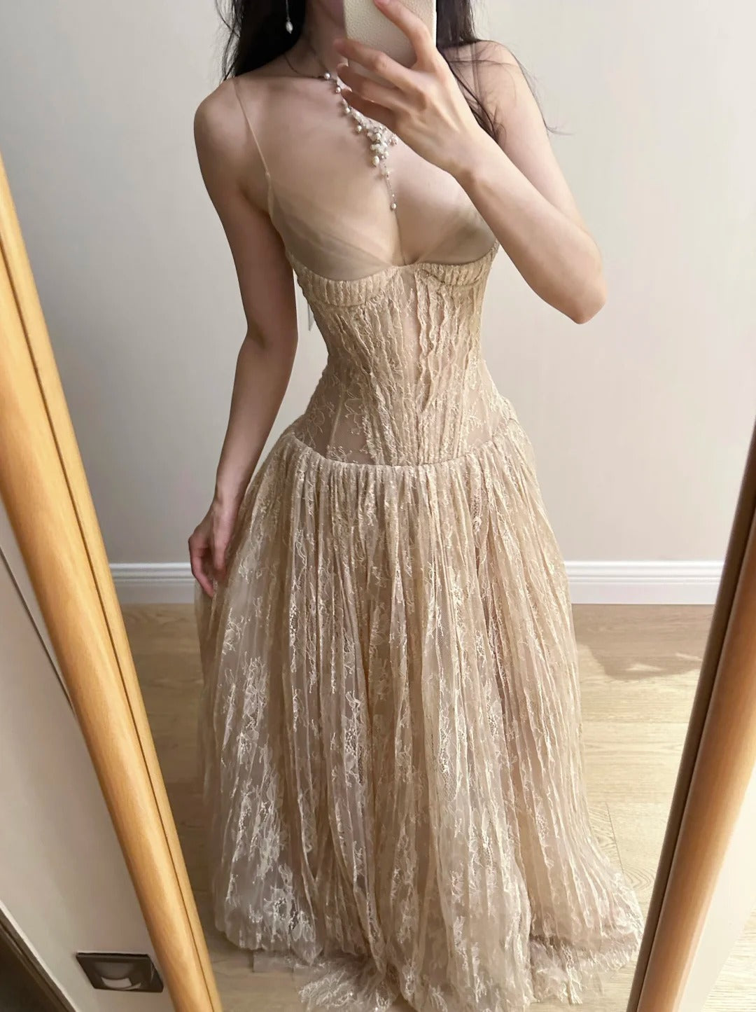 Elegant Nude Apricot A-Line Deep V Halter Lace Long Formal Prom Dress Bridesmaid Dress