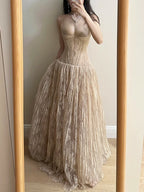 Elegant Nude Apricot A-Line Deep V Halter Lace Long Formal Prom Dress Bridesmaid Dress