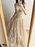 Elegant Nude Apricot A-Line Deep V Halter Lace Long Formal Prom Dress Bridesmaid Dress