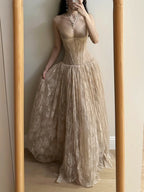 Elegant Nude Apricot A-Line Deep V Halter Lace Long Formal Prom Dress Bridesmaid Dress