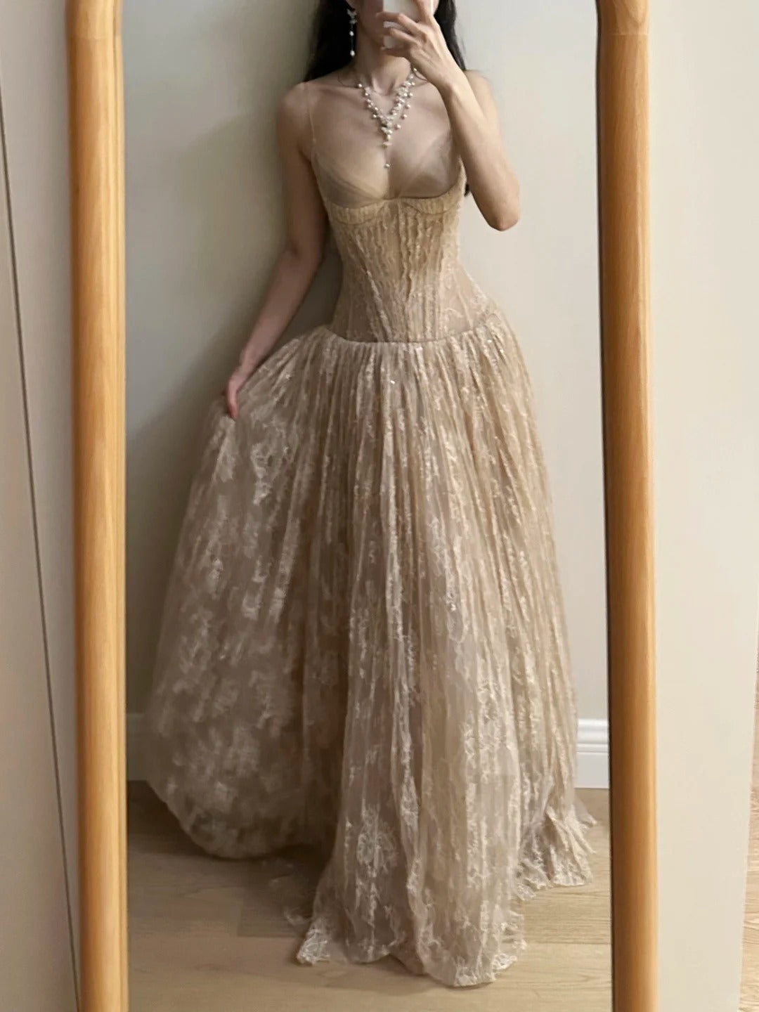 Elegant Nude Apricot A-Line Deep V Halter Lace Long Formal Prom Dress Bridesmaid Dress