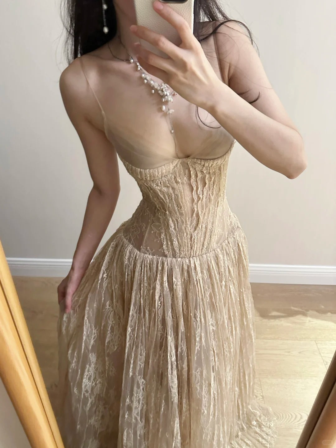 Elegant Nude Apricot A-Line Deep V Halter Lace Long Formal Prom Dress Bridesmaid Dress Main image