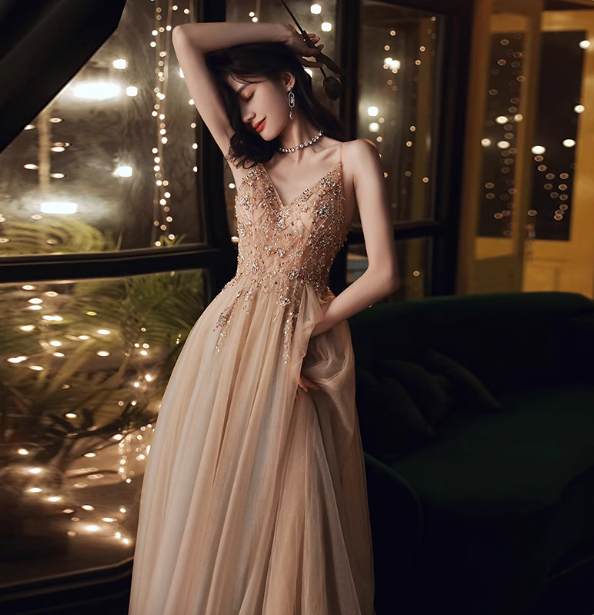 Elegant Nude Apricot A-Line Spaghetti Strap V-Neck Beaded Tulle Long Formal Prom Dress Secondary image