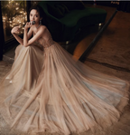 Elegant Nude Apricot A-Line Spaghetti Strap V-Neck Beaded Tulle Long Formal Prom Dress