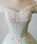 Elegant Off Shoulder Light Green Tulle Sweet 16 Dress, Long Formal Gowns