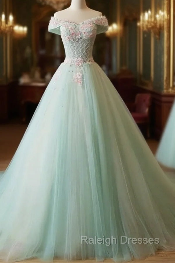 Elegant Off Shoulder Light Green Tulle Sweet 16 Dress, Long Formal Gowns