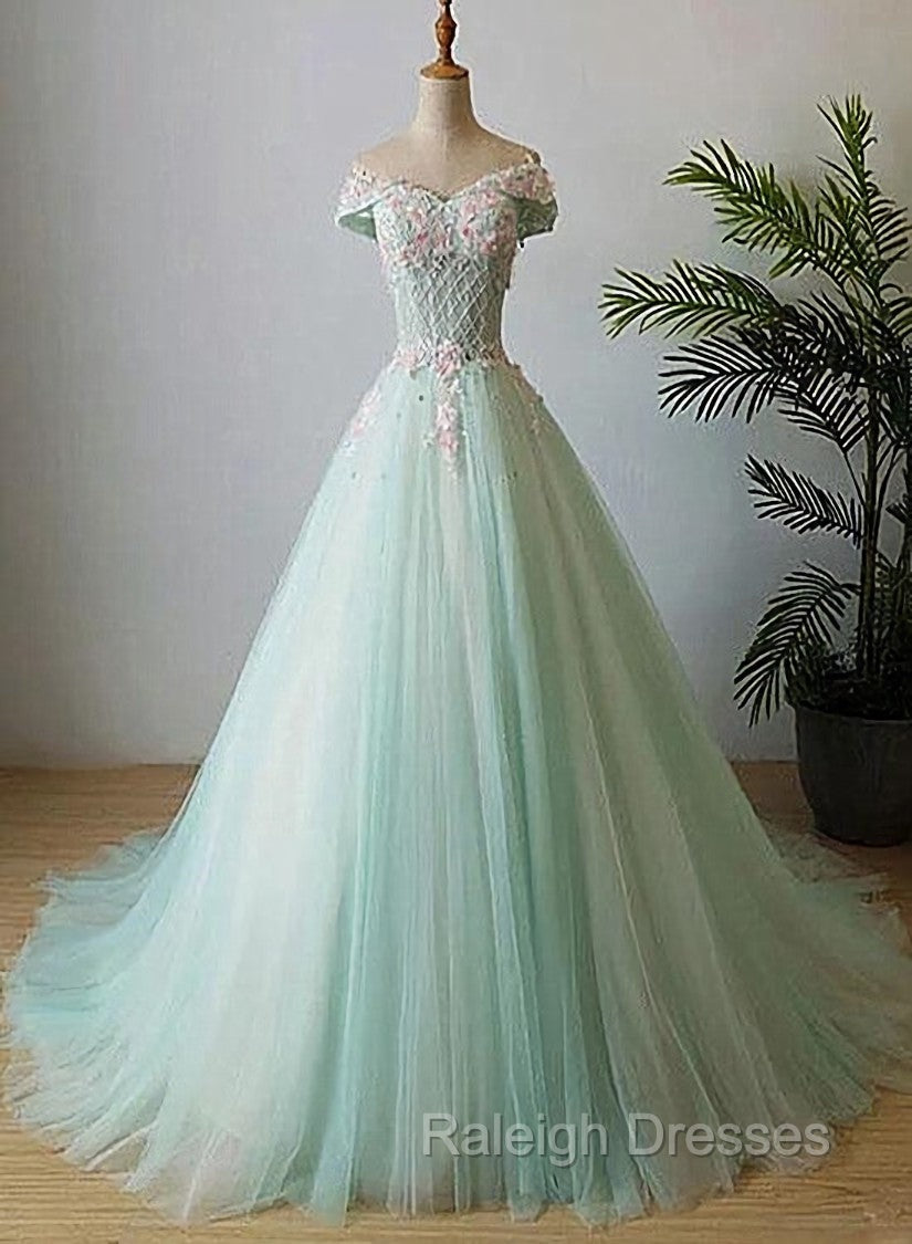 Elegant Off Shoulder Light Green Tulle Sweet 16 Dress, Long Formal Gown Main image