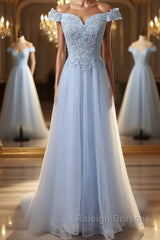 Elegant Off Shoulder Long Sky Blue Lace Prom Dress, Off Shoulder Sky Blue Formal Dress, Sky Blue Lace Evening Dress