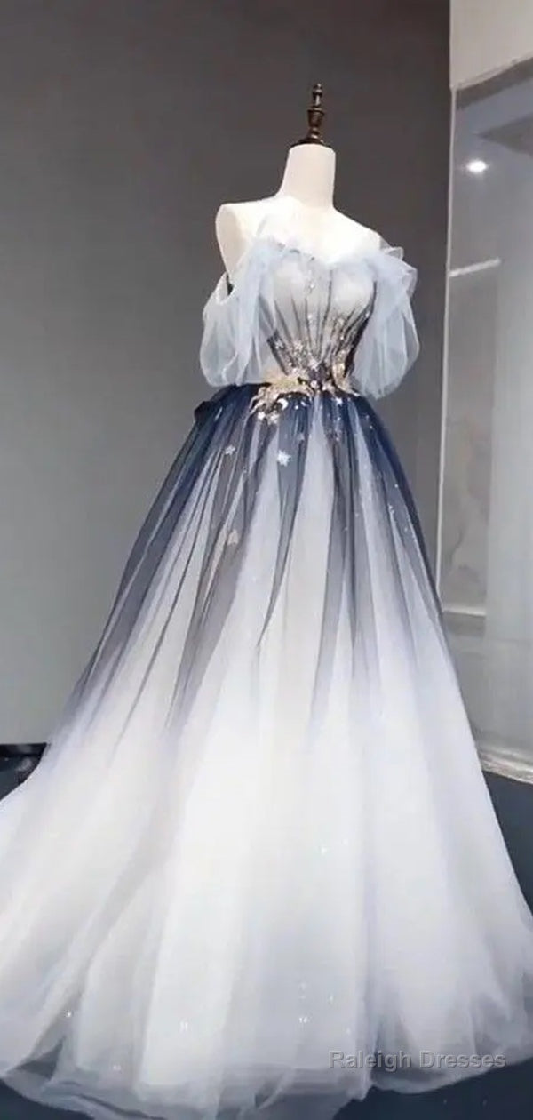 Elegant Off Shoulder Tulle Beaded Prom Dress,