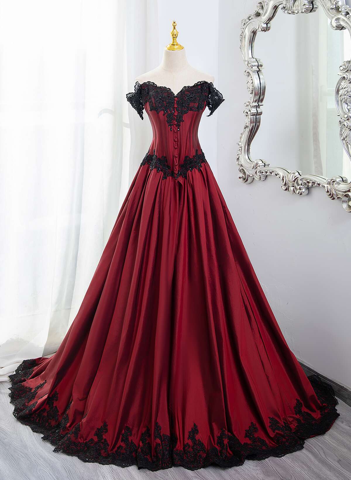 Elegant Off Shoulder Wine Red Prom Dress With Black Lace, Wine Red Evening Dress