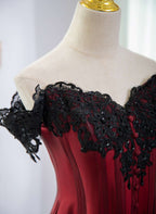 Elegant Off Shoulder Wine Red Prom Dress With Black Lace, Wine Red Evening Dress