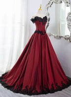 Elegant Off Shoulder Wine Red Prom Dress With Black Lace, Wine Red Evening Dress