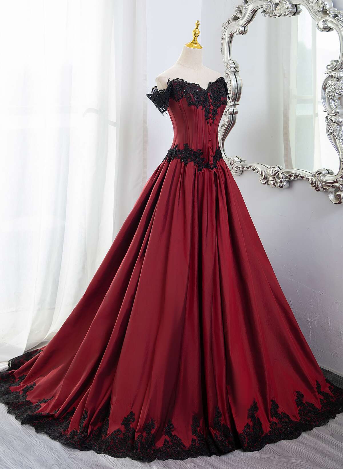 Elegant Off Shoulder Wine Red Prom Dresses With Black Lace Wine Red Prom Dresses