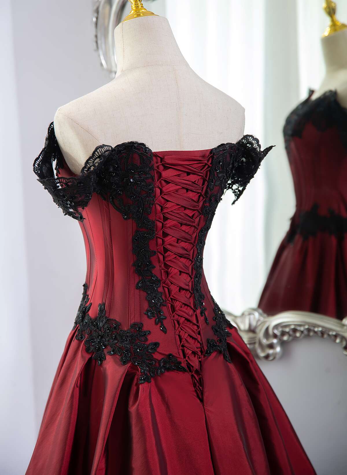 Elegant Off Shoulder Wine Red Prom Dress With Black Lace, Wine Red Evening Dress