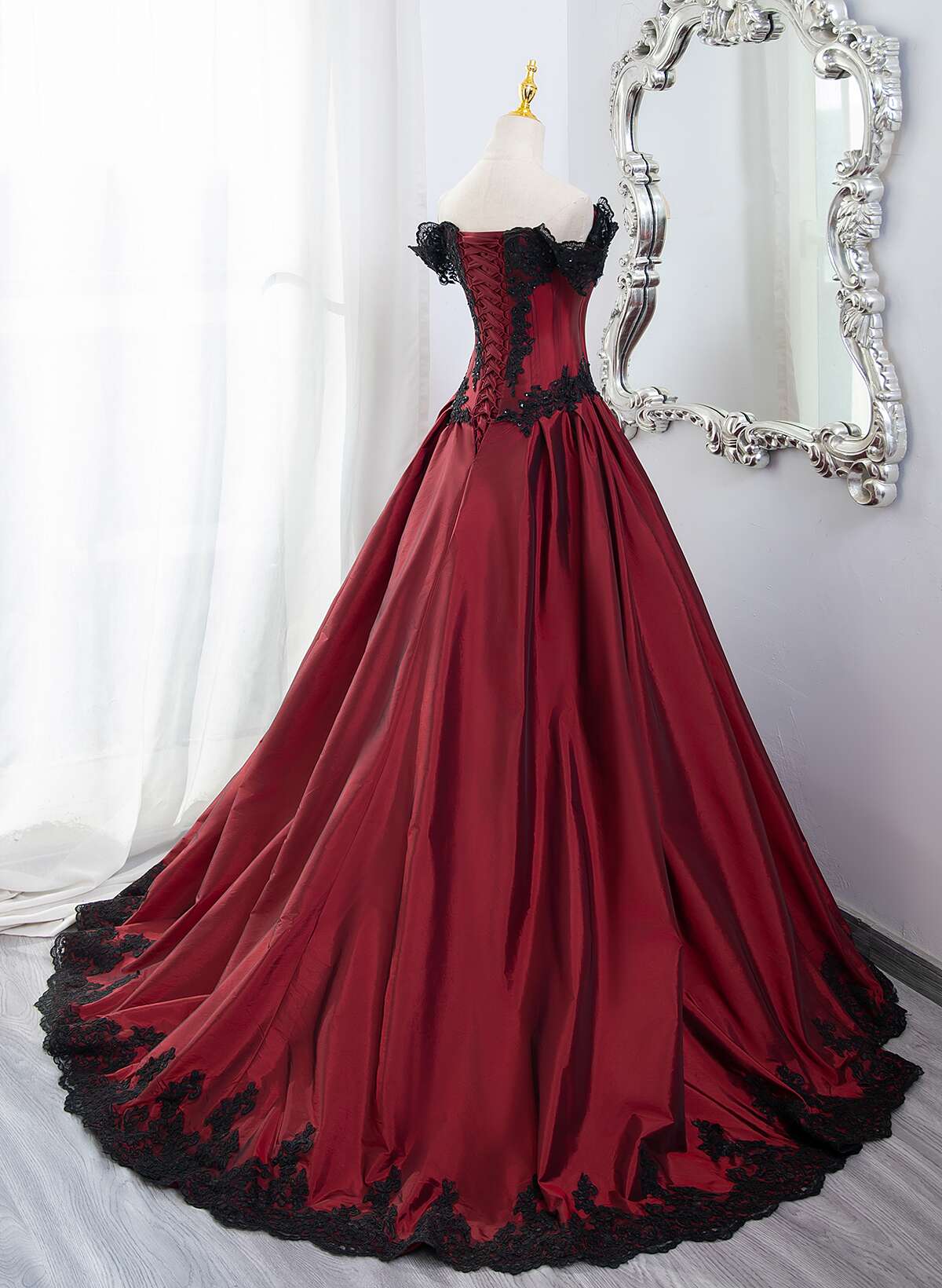 Elegant Off Shoulder Wine Red Prom Dress With Black Lace, Wine Red Evening Dress