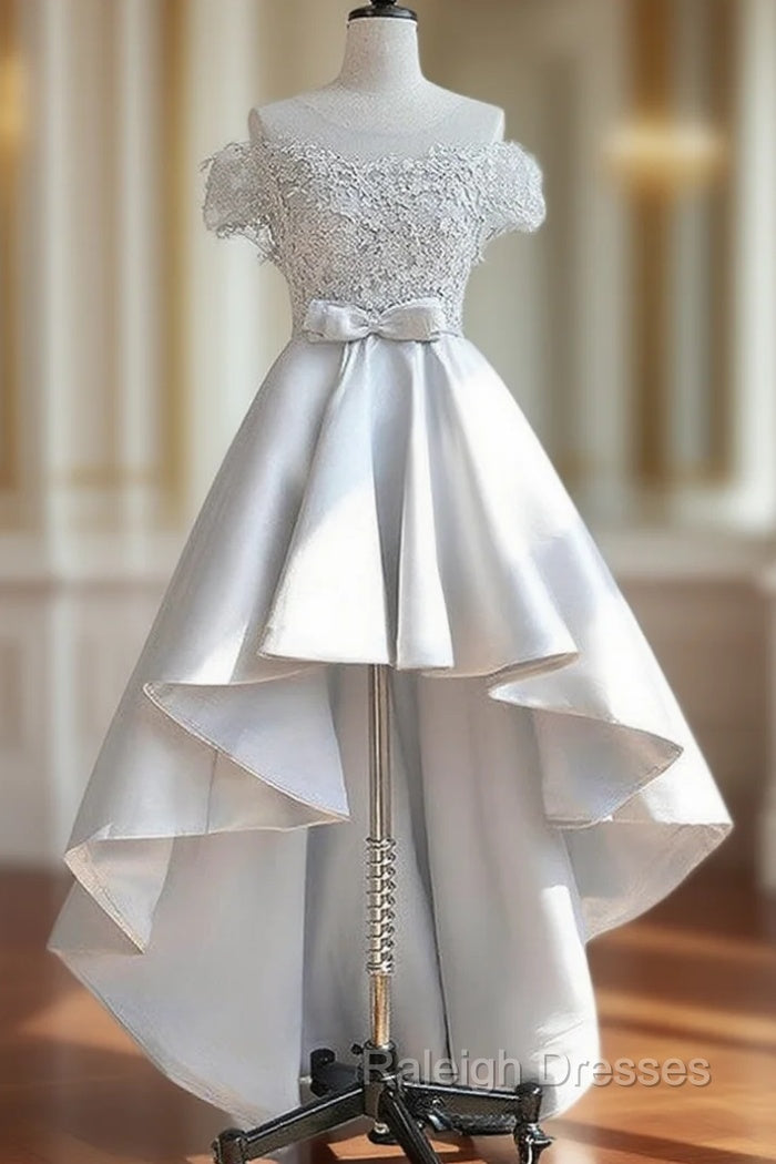 Elegant Off The Shoulder Applique Satin White Homecoming Dresses Online,