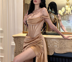Elegant Off-The-Shoulder Herringbone Satin Hip-Stretching 19Th Birthday Homecoming Dress