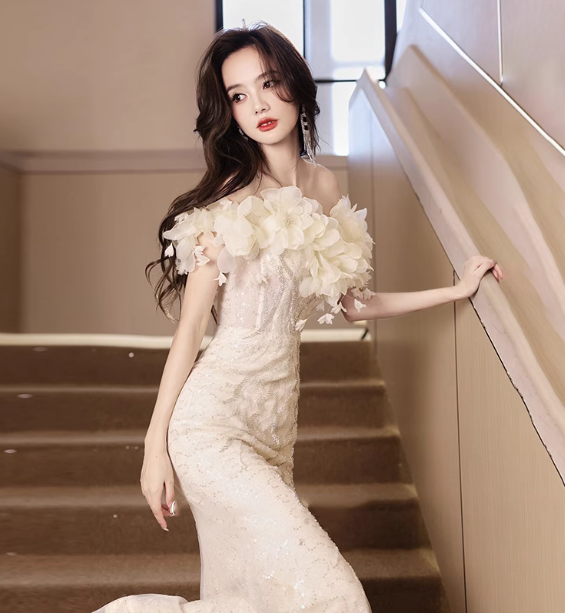 Elegant Off-White Mermaid Off-The-Shoulder 3D Floral Sequined Sheer Tulle Long Formal Prom Dress