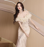 Elegant Off-White Mermaid Off-The-Shoulder 3D Floral Sequined Sheer Tulle Long Formal Prom Dress