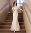 Elegant Off-White Mermaid Off-The-Shoulder 3D Floral Sequined Sheer Tulle Long Formal Prom Dress