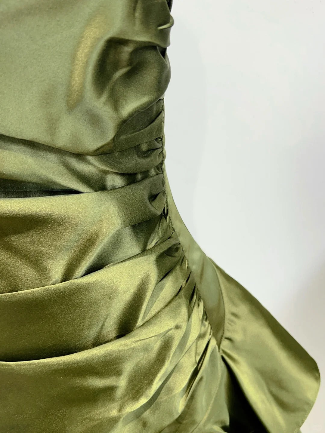 Elegant Olive Green Mermaid Ruffle Spaghetti Strap Satin Formal Prom Dress
