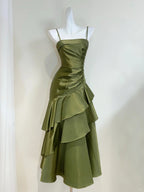 Elegant Olive Green Mermaid Ruffle Spaghetti Strap Satin Formal Prom Dress
