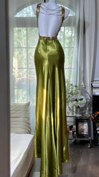 Elegant Olive-Green Mermaid V-Neck Backless Satin Long Formal Prom Dress