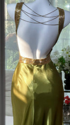 Elegant Olive-Green Mermaid V-Neck Backless Satin Long Formal Prom Dress