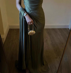 Elegant Olive Green One-Shoulder Ruffled Slit Satin Long Formal Prom Dress