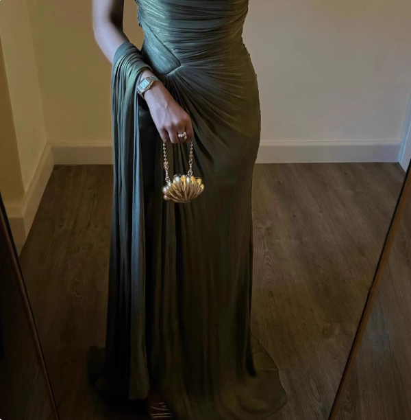 Elegant Olive Green One-Shoulder Ruffled Slit Satin Long Formal Prom Dress