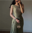 Elegant Olive Green One-Shoulder Ruffled Slit Satin Long Formal Prom Dress