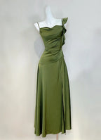 Elegant Olive Green Slim Fit Ruffled Satin Formal Prom Dress