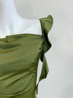 Elegant Olive Green Slim Fit Ruffled Satin Formal Prom Dress