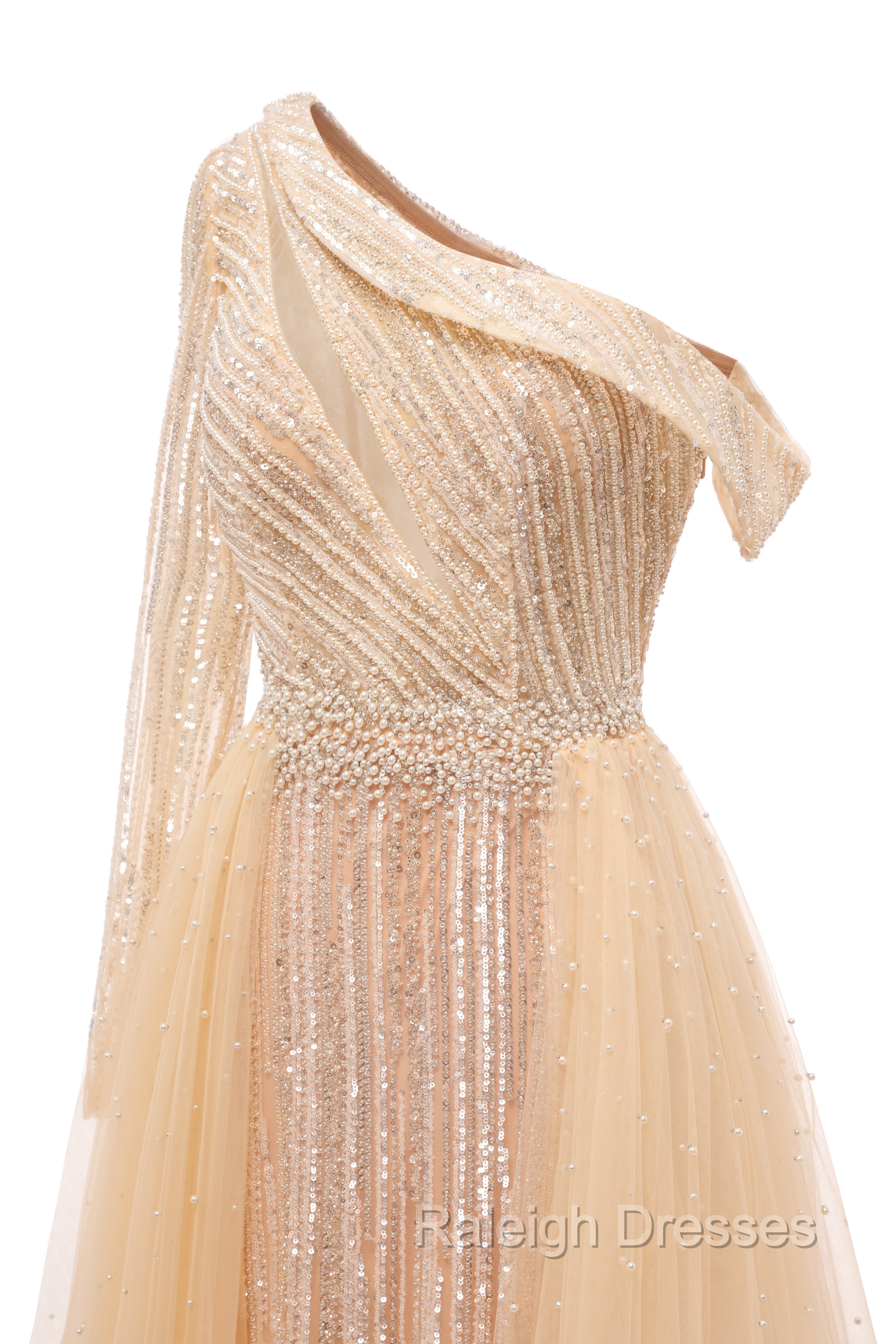 Elegant One Shoulder Beige Prom Dresses Sheer Beading Lace Formal Dresses