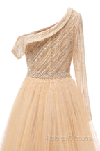 Elegant One Shoulder Beige Prom Dresses Sheer Beading Lace Formal Dresses