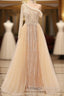 Elegant One Shoulder Beige Prom Dresses Sheer Beading Lace Formal Dresses