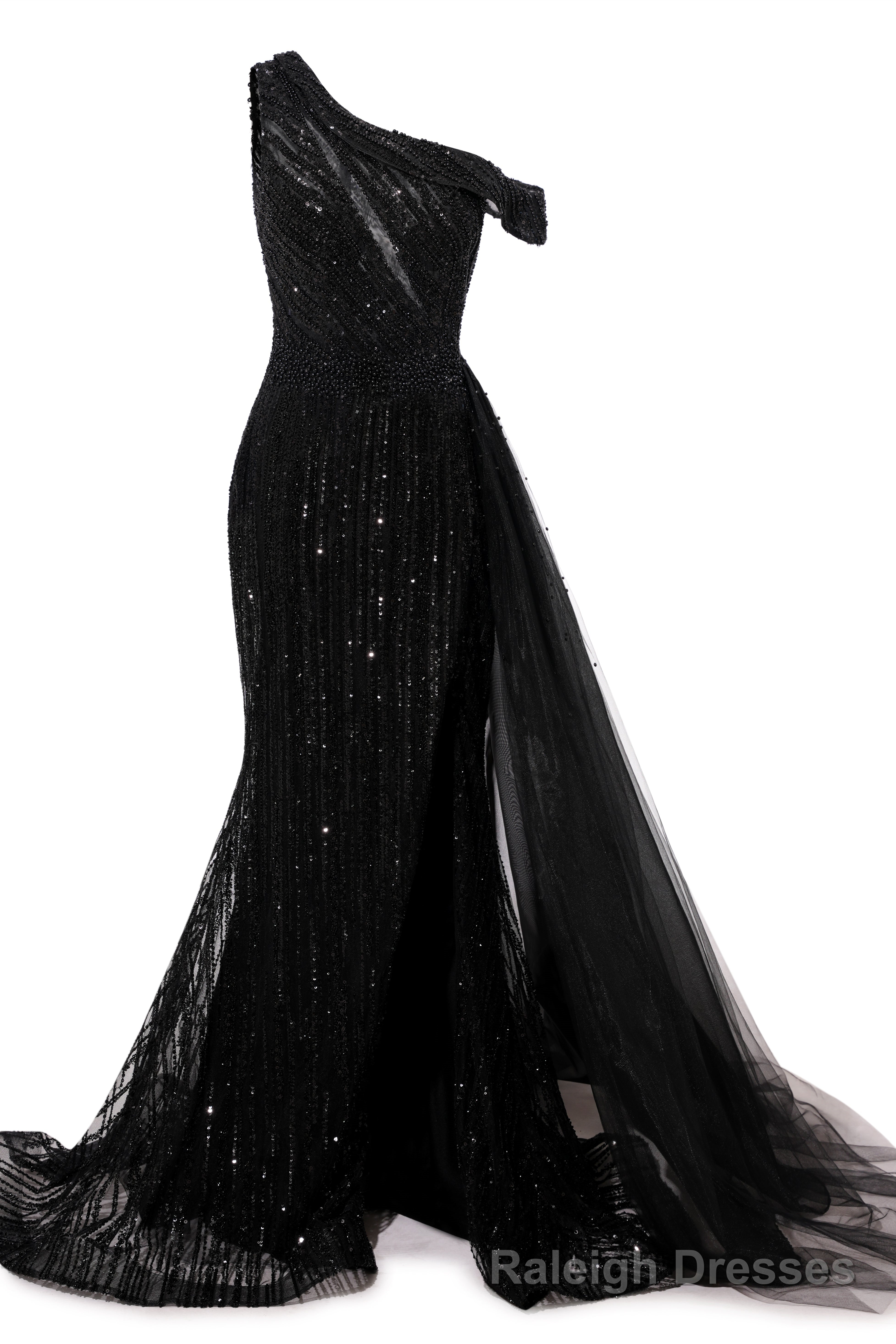 Elegant One Shoulder Black Prom Dresses Sheer Beading Lace Formal Dresses Main image