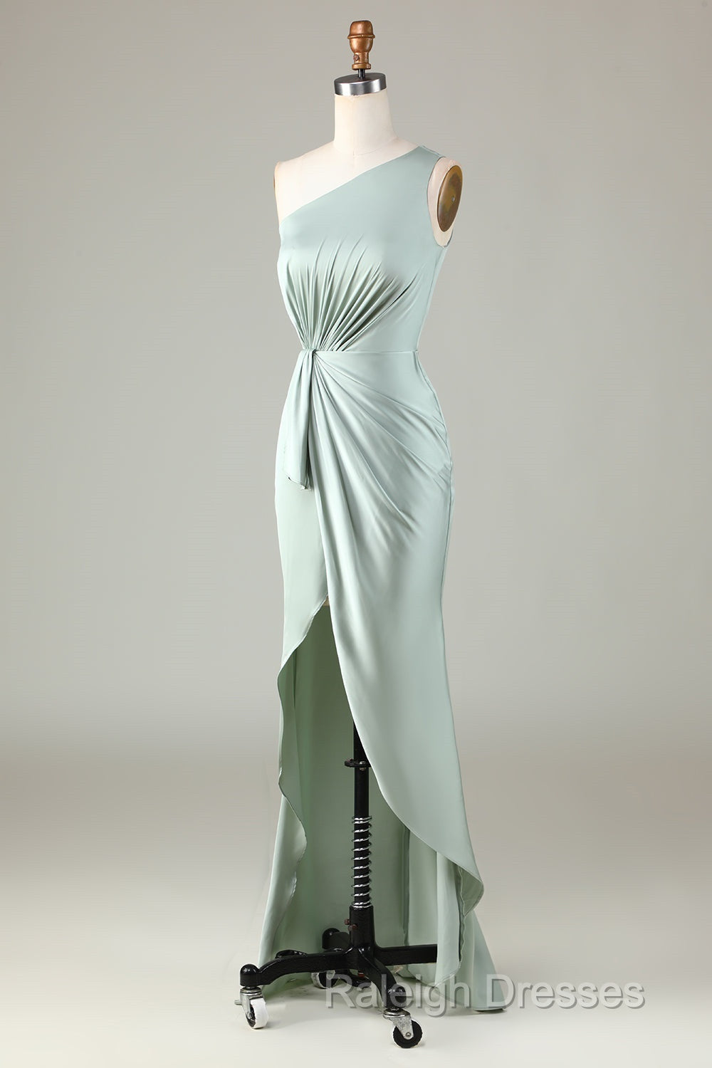 Elegant One Shoulder Matcha Ruched Long Bridesmaid Dress Secondary image