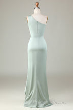 Elegant One Shoulder Matcha Ruched Long Bridesmaid Dress