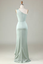 Elegant One Shoulder Matcha Ruched Long Bridesmaid Dresses