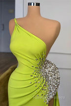 Elegant One Shoulder Mermaid Long Evening Dress With Beads Slit