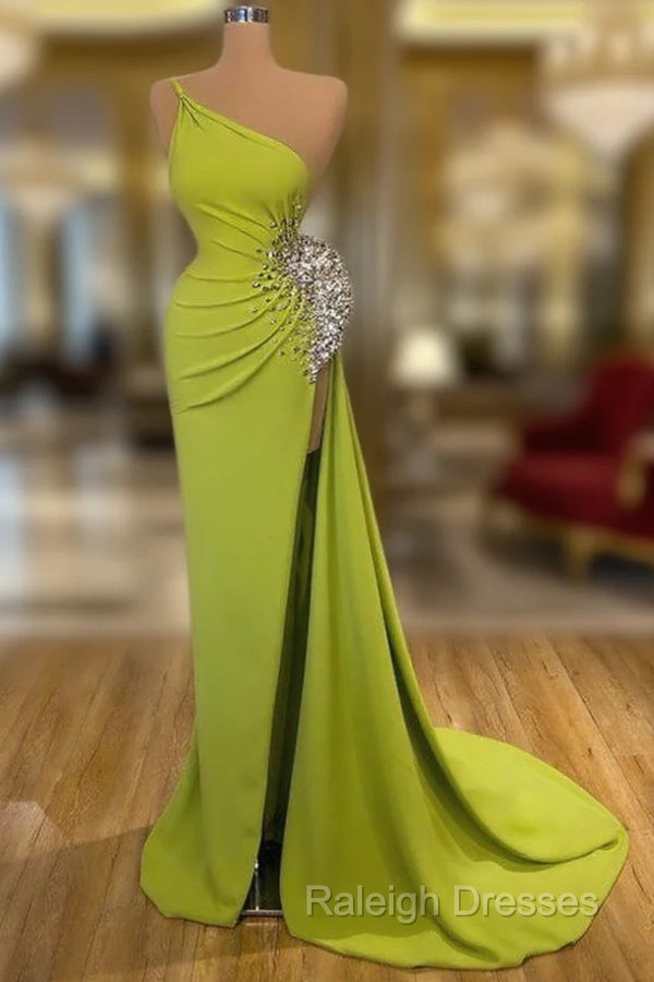 Elegant One Shoulder Mermaid Long Prom Dresses With Beads Slit Main image