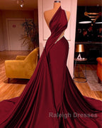 Elegant One Shoulder Mermaid Prom Dress Long Pleated with Beads