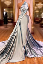 Elegant One Shoulder Mermaid Prom Dress Long Pleated with Beads